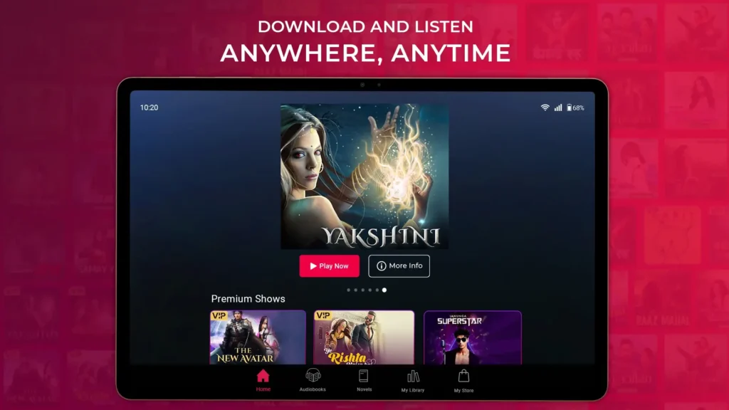 Pocket FM MOD APK interface showing unlocked premium audio stories